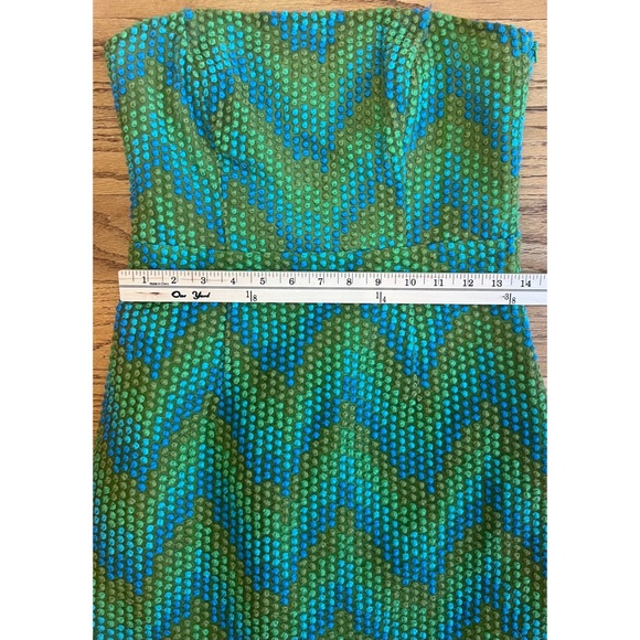 Beth Bowley Strapless Dress Blue Green Geometric Size 6 Retro 60s Style Chic - Picture 10 of 11